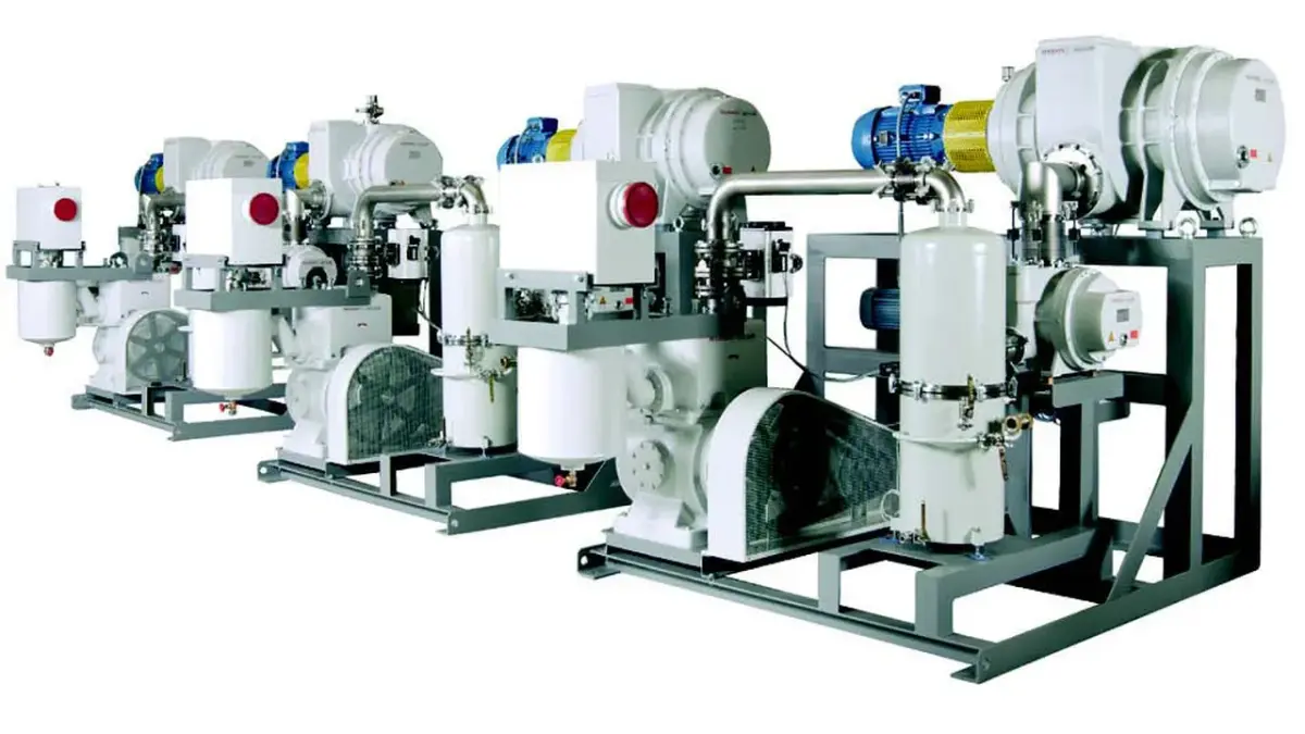 Industrial machinery setup with multiple connected white and blue mechanical units on metal frames