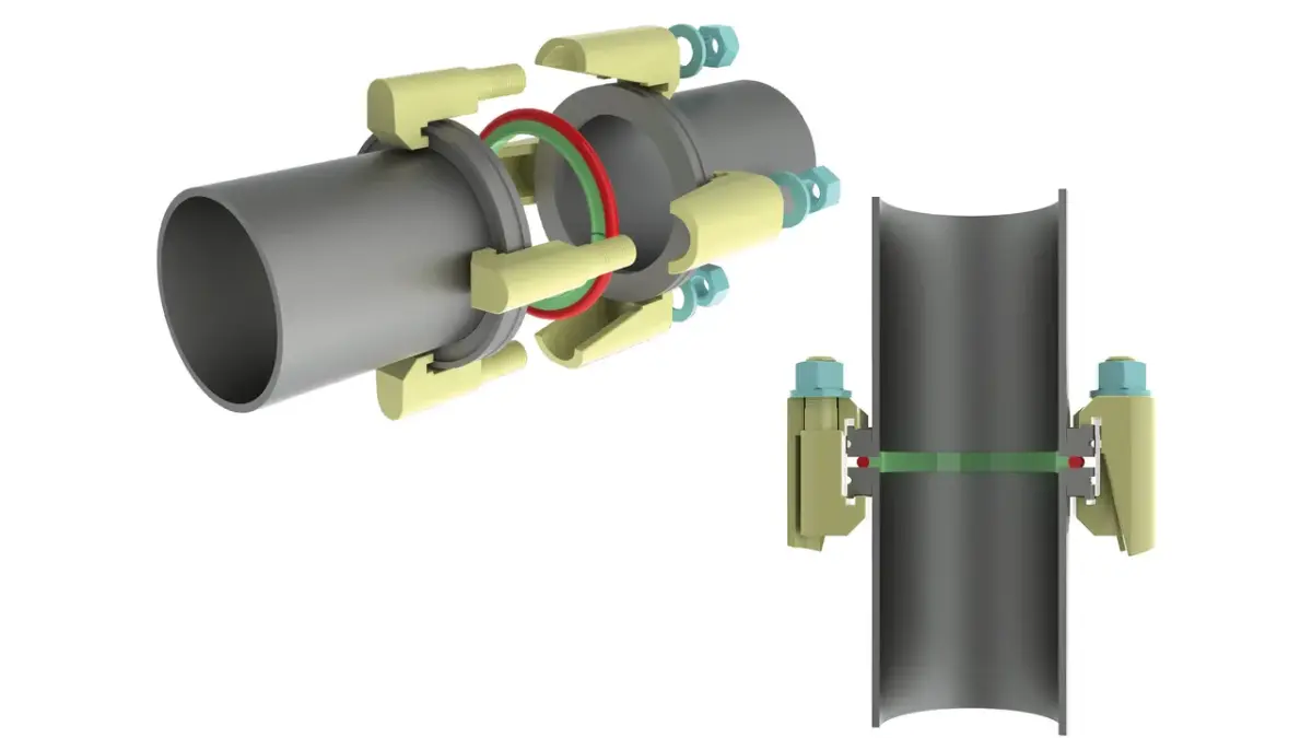ISO-K pipe connection featuring a centering ring and double claw clamps securing two cylindrical metal tubes